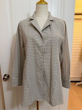 Pomander Place Beige & White Gingham Button-Up Peplum Top Sz Med